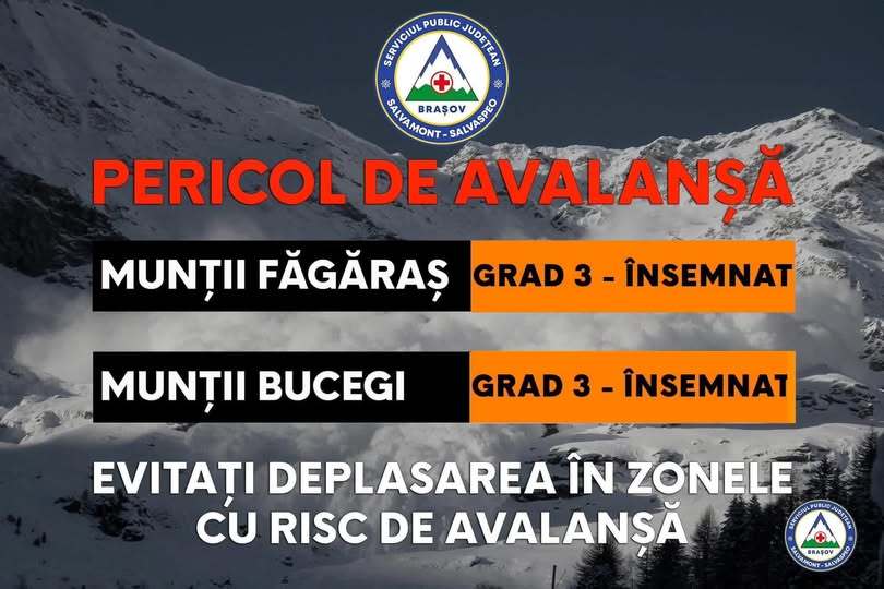 Salvamont Braşov: Risc însemnat de avalanşe în munţii Făgăraş şi Bucegi/ Stratul nou-depus de zăpadă va fi instabil, iar declanşarea avalanşelor, în general de dimensiuni medii sau mici, va fi posibilă chiar şi la supraîncărcări slabe ale stratului