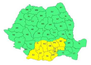 Cod galben de vânt puternic, marţi, în cea mai mare parte a Olteniei şi Munteniei/ Miercuri, vântul va avea intensificări în sudul şi în centrul Moldovei, în estul şi în nord-estul Munteniei, precum şi în nordul Dobrogei/ Vreme uşor mai caldă, în Bucureşti