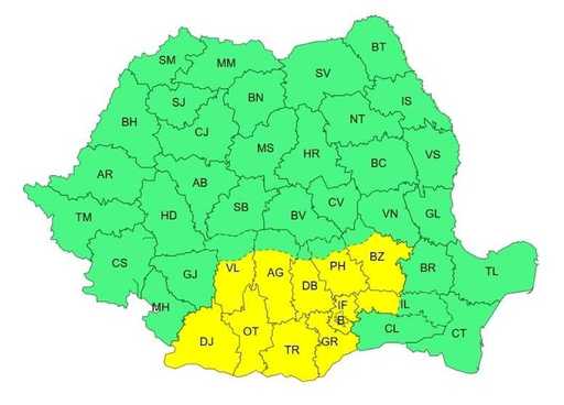 Cod galben de vânt puternic, marţi, în cea mai mare parte a Olteniei şi Munteniei/ Miercuri, vântul va avea intensificări în sudul şi în centrul Moldovei, în estul şi în nord-estul Munteniei, precum şi în nordul Dobrogei/ Vreme uşor mai caldă, în Bucureşti