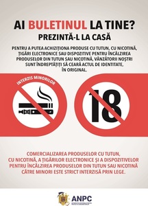 ANPC obligă operatorii economici să afişeze o plachetă prin care cei care cumpără produse din tutun sunt anunţaţi că trebuie să prezinte cartea de identitate/ Decizia, menită să reducă numărul de încercări de cumpărare a acestor produse de către minori