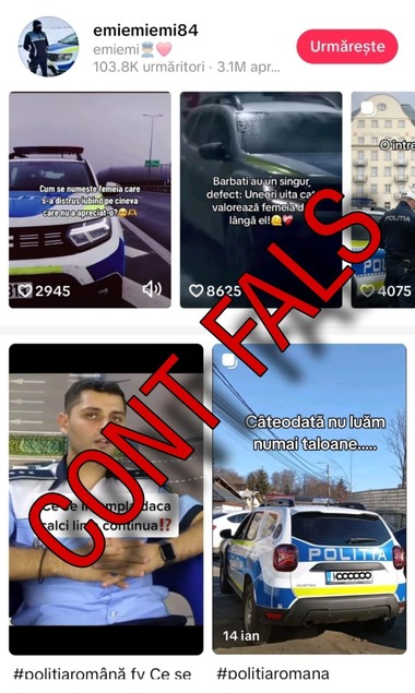 MAI atrage atenţia că pe reţeaua TikTok există mai multe conturi false care pretind a fi ale instituţiei, ale unor structuri din minister sau ale unor poliţişti, însă sunt concepute pentru a induce în eroare cetăţenii