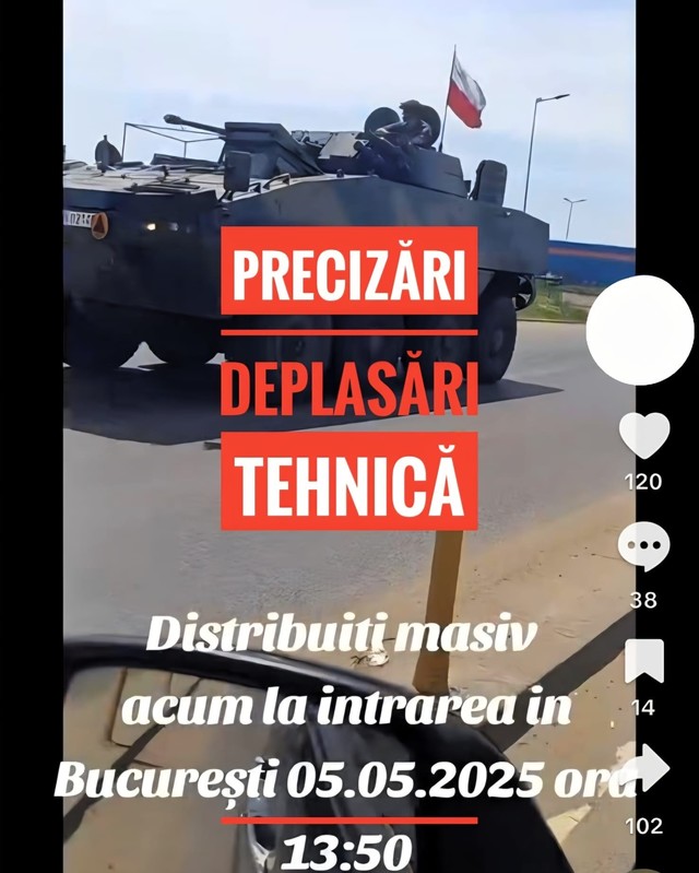 Ministerul Apărării combate un fake-news intens distribuit pe TokTok cu privire la deplasările unei coloane de tehnică militară: Motivaţii fără legătură cu realitatea, fiind prezentate scenarii false, de natură a induce confuzie şi chiar panică