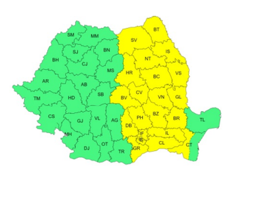 Ploi torenţiale, descărcări electrice şi intensificări ale vântului, până luni, în cea mai mare parte a ţării/ Cod galben de furtuni, cu vijelii şi grindină, în Moldova, cea mai mare parte a Munteniei, în estul Transilvaniei şi în sud-vestul Dobrogei