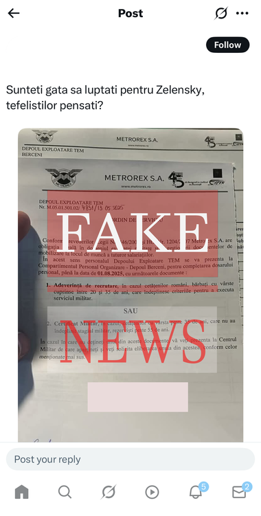 MApN avertizează asupra unor noi dezinformări privind aşa-zise pregătiri pentru mobilizarea rezerviştilor militari/ Este folosit un document intern al Metrorex privind evidenţa salariaţilor cu obligaţii militare