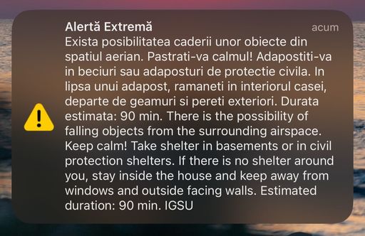 UPDATE - Mesaj RO-Alert pentru nordul judeţului Tulcea privind posibilitatea căderii unor obiecte din spaţiul aerian şi măsuri de protecţie/ MApN: Nu există informaţii privind un posibil impact accidental pe teritoriul României al unor resturi de drone