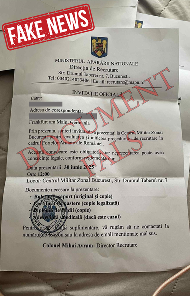 Români din diaspora, ţinte ale unei acţiuni de dezinformare – Au primit acasă documente prin care li se cere să se prezinte la centre de recrutare din ţară / Ministerul Apărării: Acest document este fals!