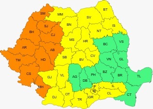 Cod galben de temperaturi deosebit de ridicate, în 20 de judeţe şi în Capitală/ Cod portocaliu de caniculă, în zece judeţe din Banat, Crişana, Oltenia şi Transilvania/ Cod galben de furtuni, în Maramureş, Transilvaniei, Moldova, Crişana şi Banat - HARTA