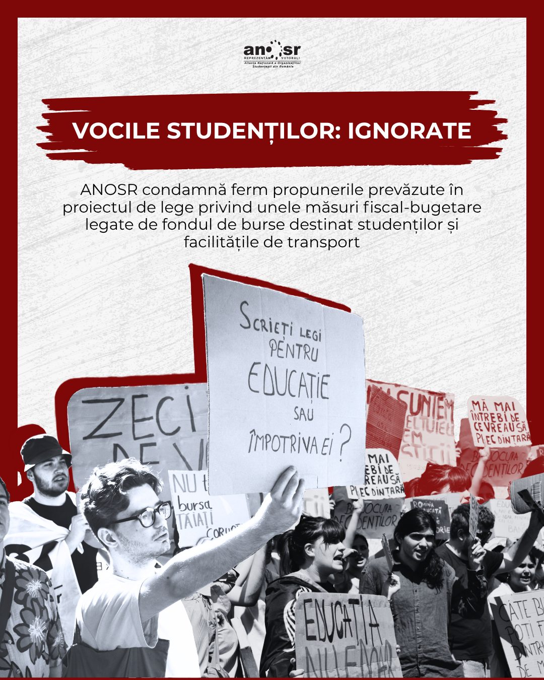 ANOSR condamnă ferm propunerile prevăzute în proiectul de lege privind unele măsuri fiscal-bugetare legate de fondul de burse destinat studenţilor şi facilităţile de transport
