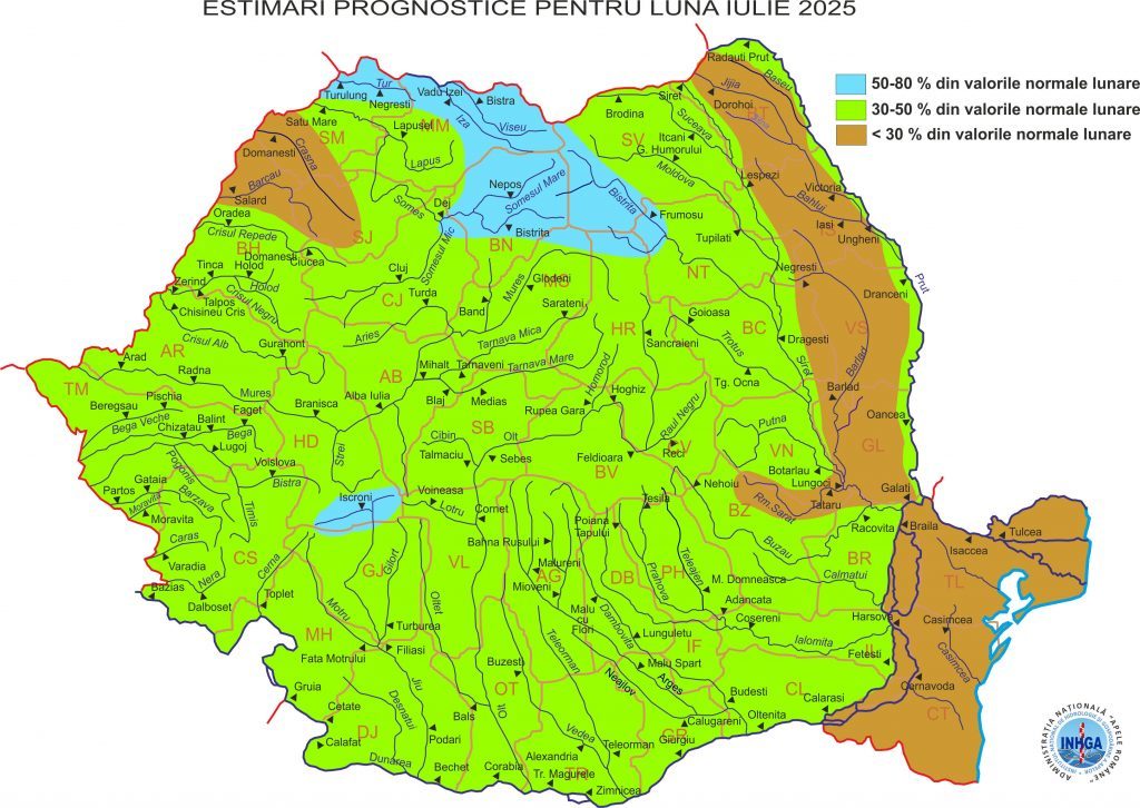 Hidrologii anunţă debite scăzute pe majoritatea râurilor din ţară, în luna iulie / Valori foarte scăzute sunt prognozate pentru bazinele râurilor Crasna, Barcău, Râmnicul Sărat, Bârlad, pe afluenţii Prutului şi în Dobrogea