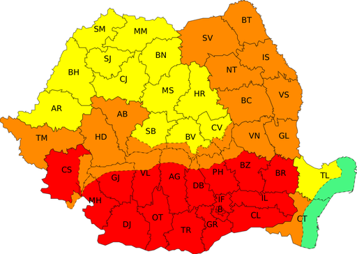 Cod roşu de caniculă pentru 16 judeţe din sudul ţării şi pentru Bucureşti/ Temperaturile vor ajunge la 41 de grade/ Disconfort termic deosebit de accentuat şi nopţi tropicale/ Patru judeţe din vestul ţării, sub cod roşu de vijelii şi grindină şi averse
