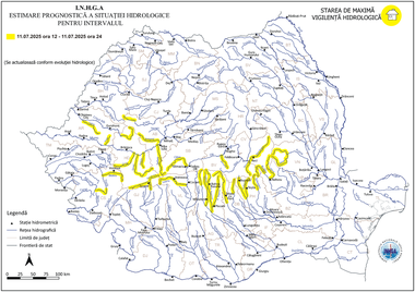 Atenţionare hidrologică pentru 17 judeţe din ţară: scurgeri importante pe versanţi, torenţi şi pâraie, viituri rapide pe râurile mici, cu posibile inundaţii locale/ În judeţele Alba, Hunedoara şi Arad, fenomenele pot fi mai intense