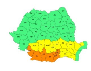 Cod portocaliu de caniculă în Mehedinţi, Dolj, Olt, Teleorman, Giurgiu, Ilfov şi în Bucureşti/ Cod galben în nordul Olteniei, în nordul şi estul Munteniei şi în Dobrogea continentală/ Joi, valul de căldură se va extinde în cea mai mare parte a ţării 