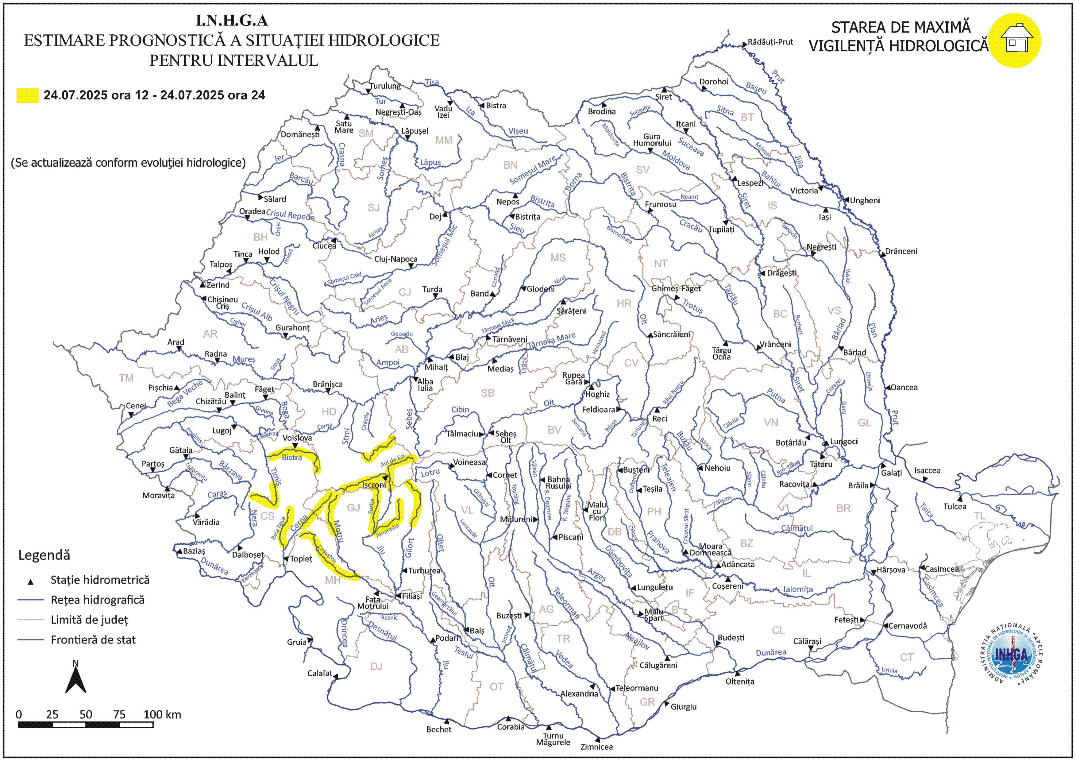 Risc de viituri şi posibile inundaţii locale în vestul şi sud-vestul ţării/ Atenţionarea, valabilă joi, până la ora 24, pentru judeţele Hunedoara, Gorj, Caraş-Severin, Timiş şi Mehedinţi