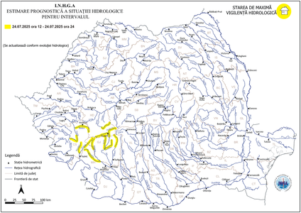 Risc de viituri şi posibile inundaţii locale în vestul şi sud-vestul ţării/ Atenţionarea, valabilă joi, până la ora 24, pentru judeţele Hunedoara, Gorj, Caraş-Severin, Timiş şi Mehedinţi