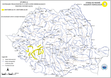 Risc de viituri şi posibile inundaţii locale în vestul şi sud-vestul ţării/ Atenţionarea, valabilă joi, până la ora 24, pentru judeţele Hunedoara, Gorj, Caraş-Severin, Timiş şi Mehedinţi