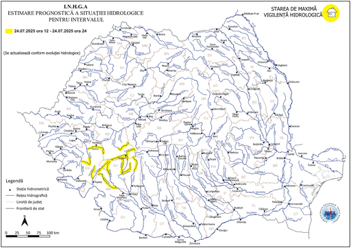 Risc de viituri şi posibile inundaţii locale în vestul şi sud-vestul ţării/ Atenţionarea, valabilă joi, până la ora 24, pentru judeţele Hunedoara, Gorj, Caraş-Severin, Timiş şi Mehedinţi