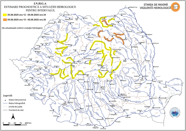 Cod portocaliu de inundaţii pe râuri din judeţele Suceava, Harghita şi Neamţ/ Cod galben, pe sectoare de râuri din 15 judeţe