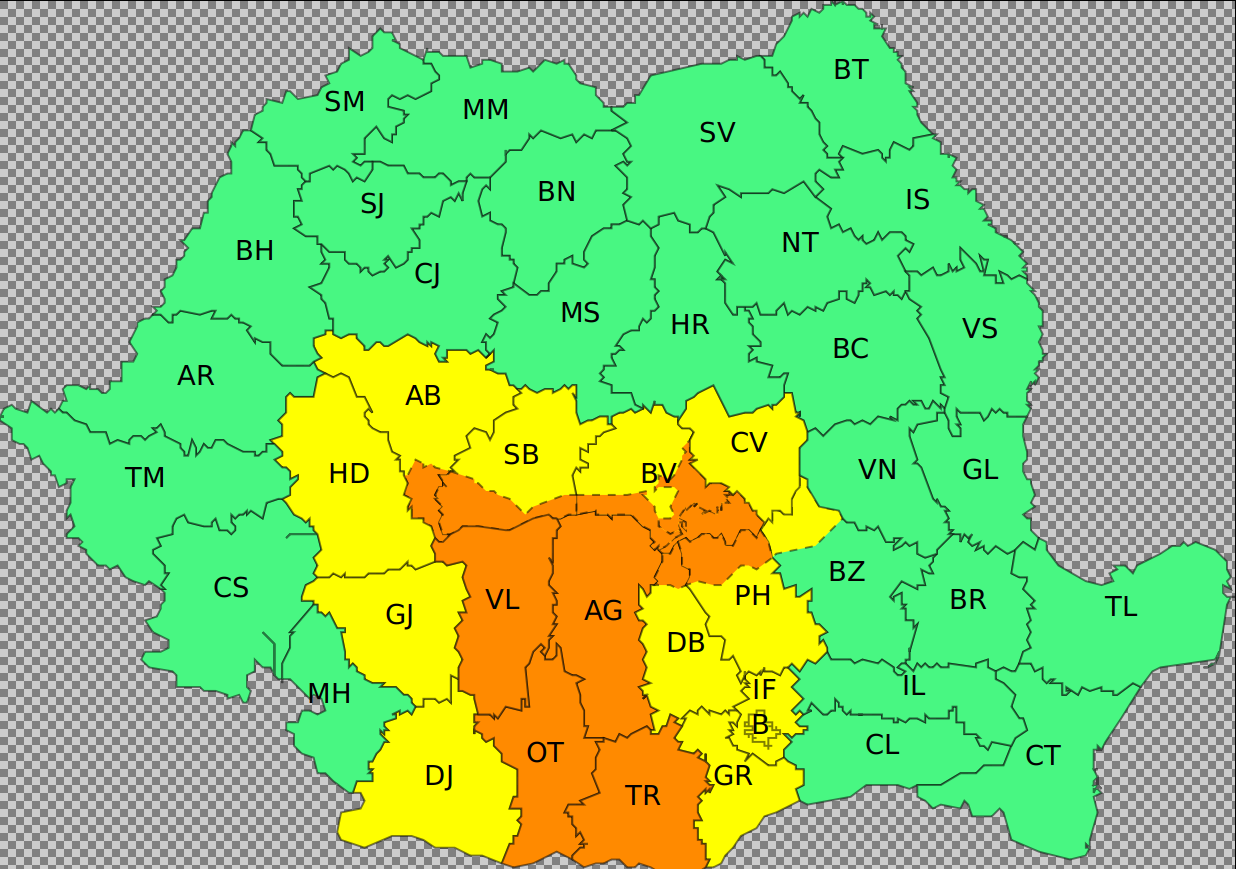 Cod portocaliu de furtuni în judeţele Vâlcea, Olt, Argeş, Teleorman şi în zona de munte a judeţelor Alba, Sibiu, Braşov, Dâmboviţa, Prahova/ Vânt puternic, grindină de mari dimensiuni şi izolat cantităţi de apă de peste 60 l/mp 