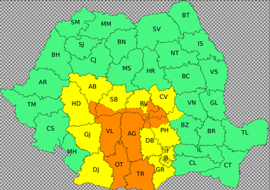 Cod portocaliu de furtuni în judeţele Vâlcea, Olt, Argeş, Teleorman şi în zona de munte a judeţelor Alba, Sibiu, Braşov, Dâmboviţa, Prahova/ Vânt puternic, grindină de mari dimensiuni şi izolat cantităţi de apă de peste 60 l/mp 