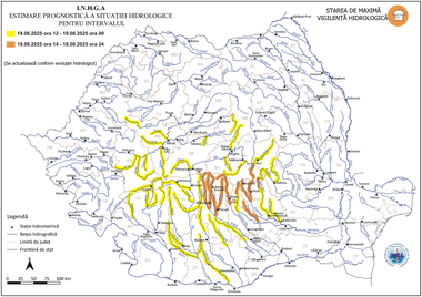 Cod Portocaliu de inundaţii pentru şase judeţe/ Avertizarea vizează scurgeri pe versanţi, torenţi şi pâraie şi viituri rapide pe râurile mici/ Inundaţii locale cu efecte sever, în Dâmboviţa şi Prahova/ Avertismentul pentru populaţie