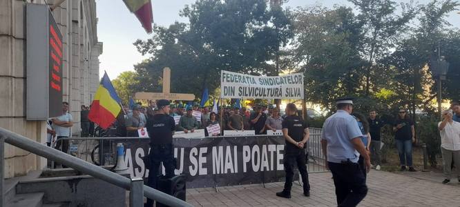 Protest al silvicultorilor în faţa Ministerului Mediului/ Sindicaliştii cer retragerea proiectului privind restructurarea Romsilva/ Ministrul Diana Buzoianu: Romsilva nu este vaca de muls pentru nimeni - VIDEO FOTO