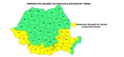 Cod galben de temperaturi ridicate şi disconfort termic, marţi, în Banat, sudul Olteniei şi al Moldovei, în sudul, centrul şi estul Munteniei şi în Dobrogea continentală