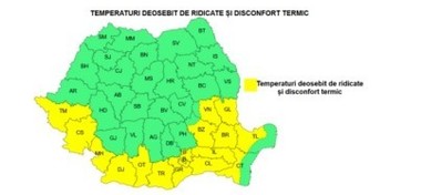 Cod galben de temperaturi ridicate şi disconfort termic, marţi, în Banat, sudul Olteniei şi al Moldovei, în sudul, centrul şi estul Munteniei şi în Dobrogea continentală