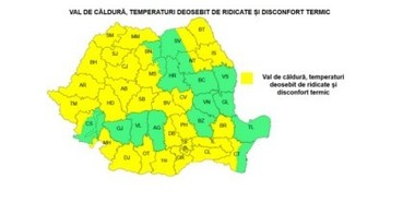 Cod galben de temperaturi deosebit de ridicate, în Maramureş, Crişana, Banat, Muntenia, Transilvania, în jumătatea nordică a Moldovei, în sudul şi vestul Olteniei şi în sud-vestul Dobrogei/ Vineri, canicula se va intensifica în Banat şi Crişana