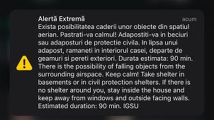 UPDATE Tulcea: RO-Alert pentru zona de nord a judeţului / Există riscul căderii unor obiecte din spaţiul aerian/ Nou mesaj RO-Alert emis de autorităţi/ La  ora 21:01, a încetat prealarma aeriană