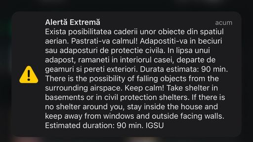 UPDATE Tulcea: RO-Alert pentru zona de nord a judeţului / Există riscul căderii unor obiecte din spaţiul aerian/ Nou mesaj RO-Alert emis de autorităţi/ La  ora 21:01, a încetat prealarma aeriană