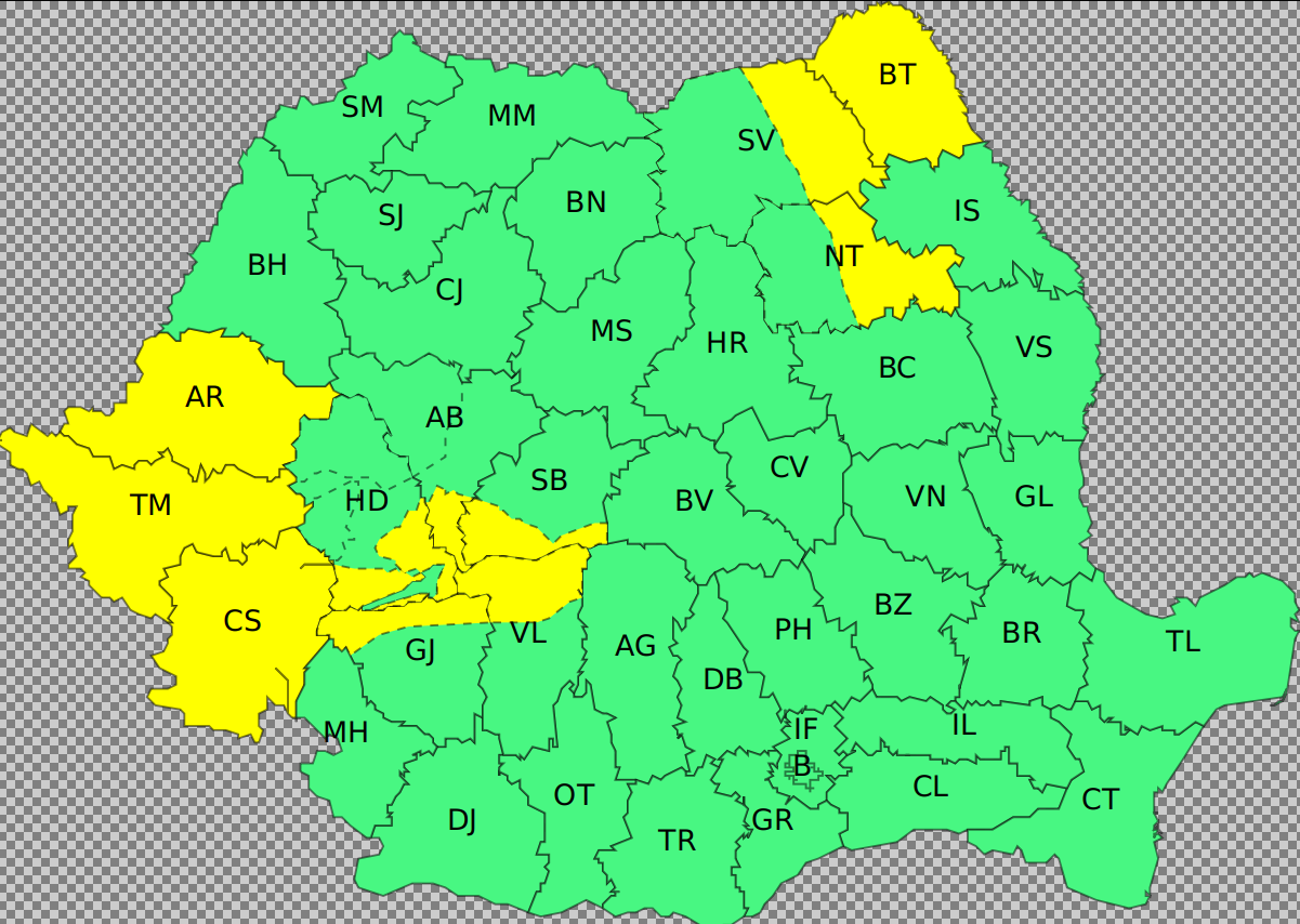 Vânt puternic sâmbătă şi duminică, în judeţele Caraş-Severin, Timiş, Arad, Botoşani, zona joasă a judeţelor Suceava şi Neamţ şi în jumătatea vestică a Carpaţilor Meridionali/ La peste 1700 de metri, rafalele vor atinge 100 km/h