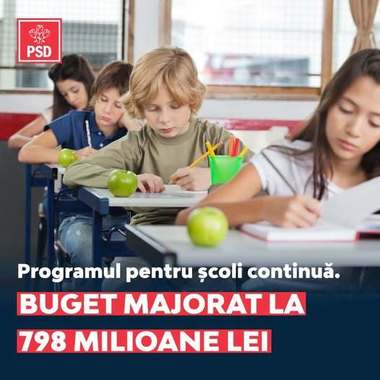 UPDATE - Ministrul Agriculturii: Programul pentru şcoli continuă, cu un buget majorat la 798 milioane lei / Asigură distribuirea zilnică de fructe, legume, lactate şi produse de panificaţie pentru peste 1.8 milioane de preşcolari şi elevi