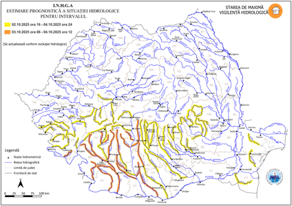 Cod portocaliu de inundaţii, de vineri dimineaţă, până sâmbătă, la prânz, pe râuri din mai multe judeţe. De joi, intră în vigoare un cod galben valabil pentru cursuri de apă din 24 de judeţe
