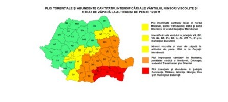 Codul roşu de ploi torenţiale şi abundente, extins/ Acesta vizează judeţele Constanţa, Călăraşi, Ialomiţa, Giurgiu, Ilfov şi în Bucureşti, unde se vor acumula cantităţi de apă de 80-100 şi izolat 120-140 l/mp/ Coduri portocaliu şi galben, în alte regiuni