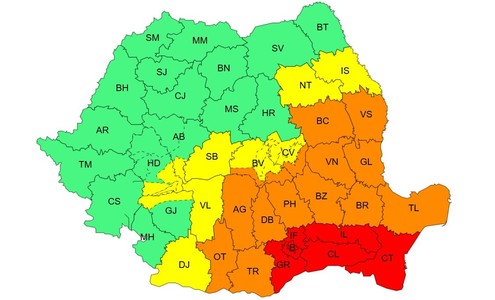 Codul roşu de ploi torenţiale şi abundente, extins/ Acesta vizează judeţele Constanţa, Călăraşi, Ialomiţa, Giurgiu, Ilfov şi în Bucureşti, unde se vor acumula cantităţi de apă de 80-100 şi izolat 120-140 l/mp/ Coduri portocaliu şi galben, în alte regiuni