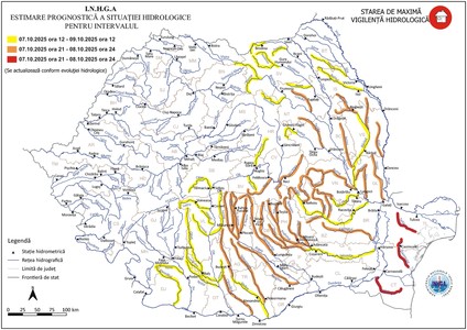 Cod roşu de inundaţii pe râurile din Dobrogea/ Cod portocaliu pe sectoare de râuri din 19 judeţe