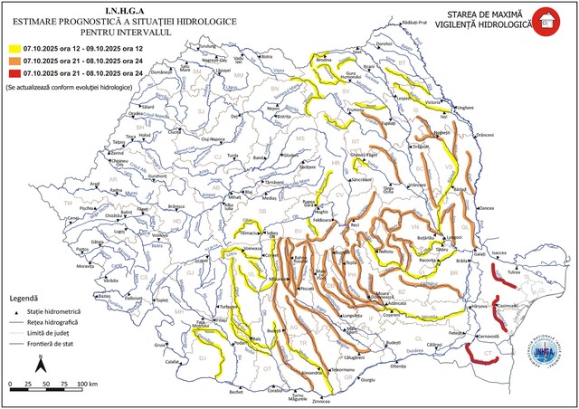 Cod roşu de inundaţii pe râurile din Dobrogea/ Cod portocaliu pe sectoare de râuri din 19 judeţe Cod roşu de inundaţii pe râurile din Dobrogea/ Cod portocaliu pe sectoare de râuri din 19 judeţe