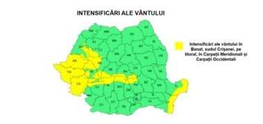 Cod galben de vânt puternic, în Banat, sudul Crişanei, pe litoral, în Carpaţii Meridionali şi Carpaţii Occidentali