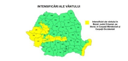 Cod galben de vânt puternic, în Banat, sudul Crişanei, pe litoral, în Carpaţii Meridionali şi Carpaţii Occidentali