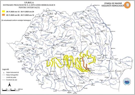 Cod Portocaliu de inundaţii până duminică în judeţul Prahova şi Cod Galben în alte 12 judeţe/ Hidrologii avertizează că vor fi creşteri de debite şi niveluri, scurgeri importante pe versanţi şi posibile viituri rapide pe râurile mici