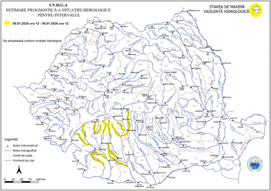Pericol de viituri rapide pe râuri din sud-vestul ţării/ Avertismentul hidrologilor pentru judeţele Mehedinţi, Dolj, Gorj, Vâlcea, Argeş şi Olt - HARTA