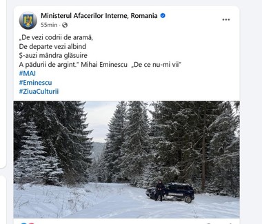 Ironii pe pagina de Facebook a Ministerului Afacerilor Interne după ce versurile unei poezii a lui Eminescu au fost citate greşit. Nici titlul poeziei nu a fost cel corect