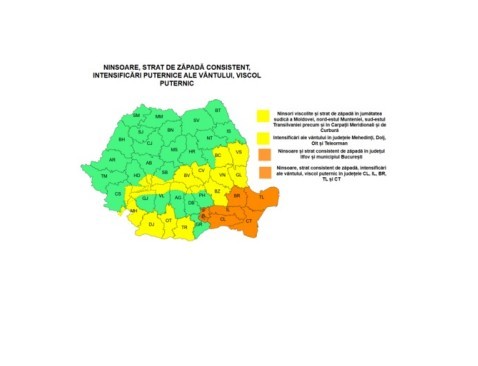 Cod galben de ninsori viscolite, în Moldova, sud-estul Transilvaniei, nord-estul Munteniei, Carpaţii Meridionali şi de Curbură/ Cod portocaliu în Ilfov şi Bucureşti, dar şi în Călăraşi, Ialomiţa, Brăila, Tulcea şi Constanţa