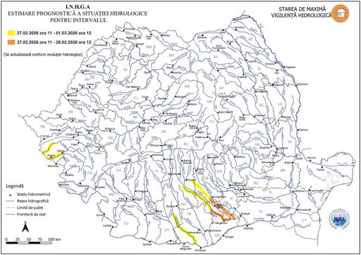 Risc de inundaţii pe râuri din sudul şi vestul ţării, ca urmare a propagării viiturilor formate anterior în amonte şi a topirii zăpezii/ Cod portocaliu în judeţele Giurgiu, Argeş, Dâmboviţa, Ilfov şi Teleorman HARTA
