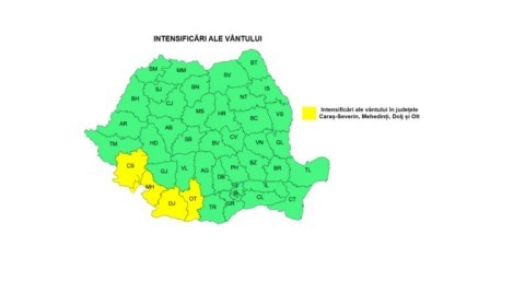 Intensificări ale vântului, în majoritatea regiunilor, până joi/ Cod galben de vânt puternic, în judeţele Caraş-Severin, Mehedinţi, Dolj şi Olt