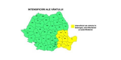 ANM: Intensificări ale vântului, în Muntenia, Dobrogea, sudul Moldovei şi al Olteniei, apoi în regiunile estice şi sud-estice/ Cod galben de vânt puternic, în Vrancea, Galaţi, Buzău, Brăila, Ialomiţa, Călăraşi, Constanţa şi Tulcea