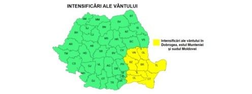 ANM: Intensificări ale vântului, în jumătatea estică a ţării şi la munte/ Cod galben de vânt puternic, vineri, în Dobrogea, estul Munteniei şi sudul Moldovei şi, sâmbătă, în Bucureşti şi în cinci judeţe
