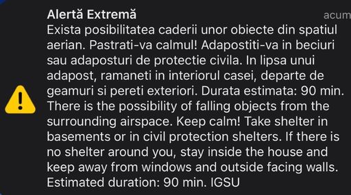 UPDATE - Mesaj RO-Alert privind posibilitatea căderii de obiecte din spaţiul aerian, în nordul judeţului Tulcea/ MApN: A fost nouă serie de atacuri cu drone asupra unor obiective din Ucraina/ Două aeronave F-16, ridicate