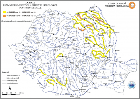 Risc de viituri rapide şi inundaţii locale în mai multe zone ale ţării/ Cod portocaliu pe râuri din judeţele Harghita, Suceava, Neamţ, Iaşi şi Botoşani/ Cod galben pe cursuri de apă din 17 judeţe