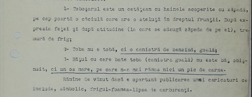 Cenzură la ”Urzica” în 1987 - Informator: În caricatură e prezentat un toboşar care bate toba - toboşarul pare că tremură de frig, toba e o canistră de benzină goală, ”băţul” cu care bate e un os mare, ”pe care n-a mai rămas nici un pic de carne”